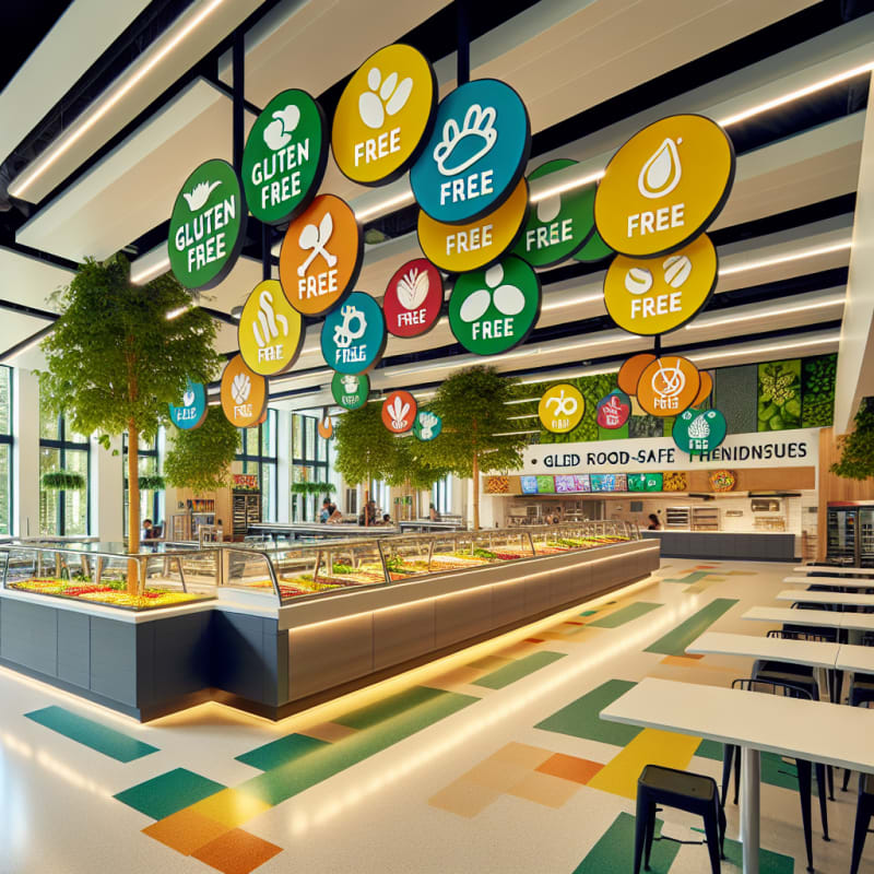 Bright modern campus dining hall with colorful allergy-safe icons and fresh food displays natural light highlights gluten free peanut free tree nut free labels green eco-friendly decor