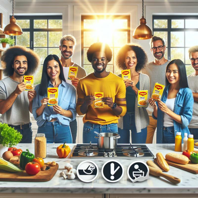A cheerful modern kitchen scene with diverse people holding Maggi packets examining ingredient labels bright sunlight streaming through a window allergy-friendly meal prep food safety icons visible warm inviting colors