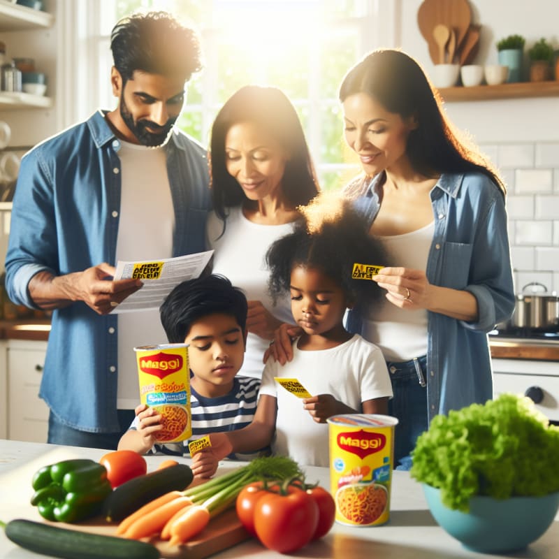 A bright kitchen scene with a family reading food labels together fresh vegetables Maggi noodles pack nearby visible allergy-safe stickers sunlight streaming in background