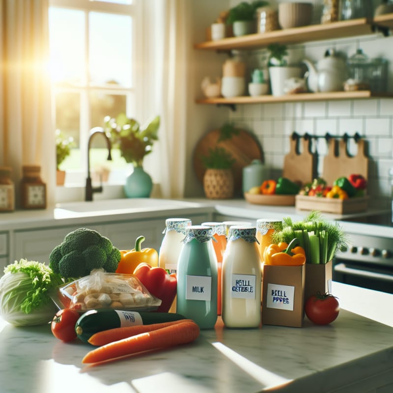 A bright kitchen countertop with colorful allergy-safe groceries plant-based milk cartons fresh vegetables and clear food labels with soft sunlight