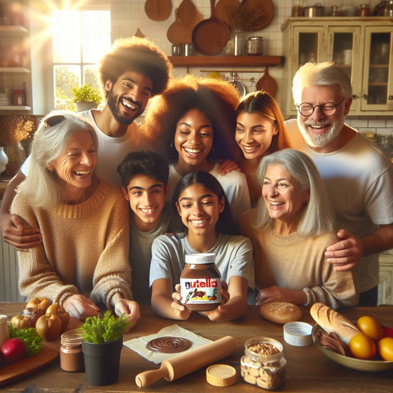 Bright kitchen scene with diverse family smiling while reading a food label on a Nutella jar warm sunlight healthy snacks on the counter allergy friendly atmosphere safe and inviting