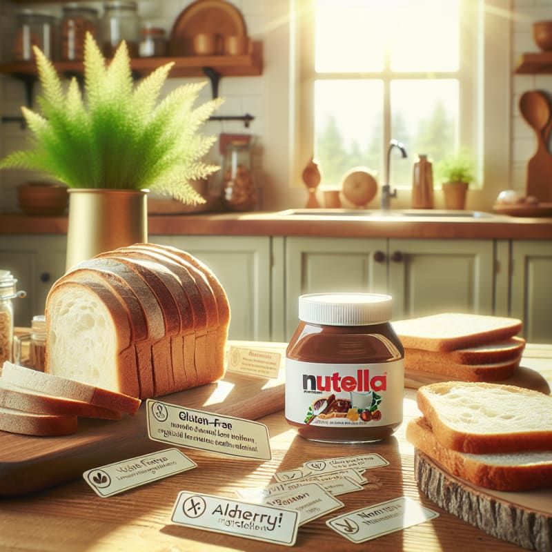 Bright kitchen counter with Nutella jar surrounded by fresh gluten-free bread allergy-safe ingredient labels scattered light wood textures sunny window plants in background hopeful atmosphere