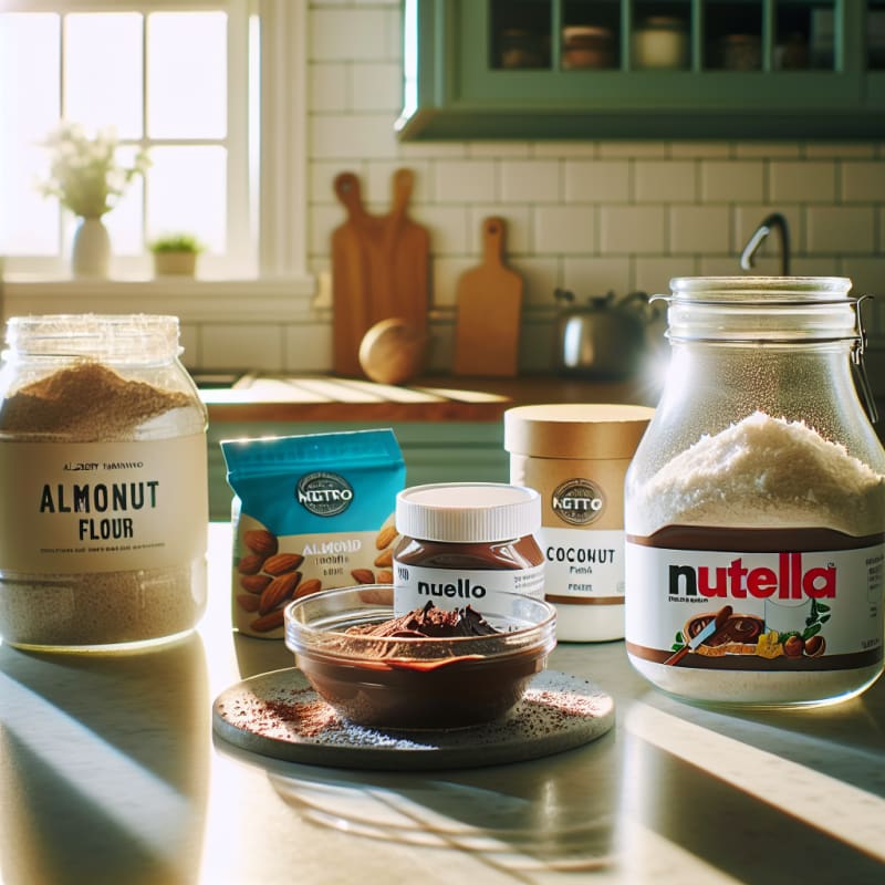 A bright kitchen counter with Nutella jar surrounded by fresh keto-friendly ingredients almond flour coconut flakes cacao powder vibrant grocery labels clear allergy warnings natural light