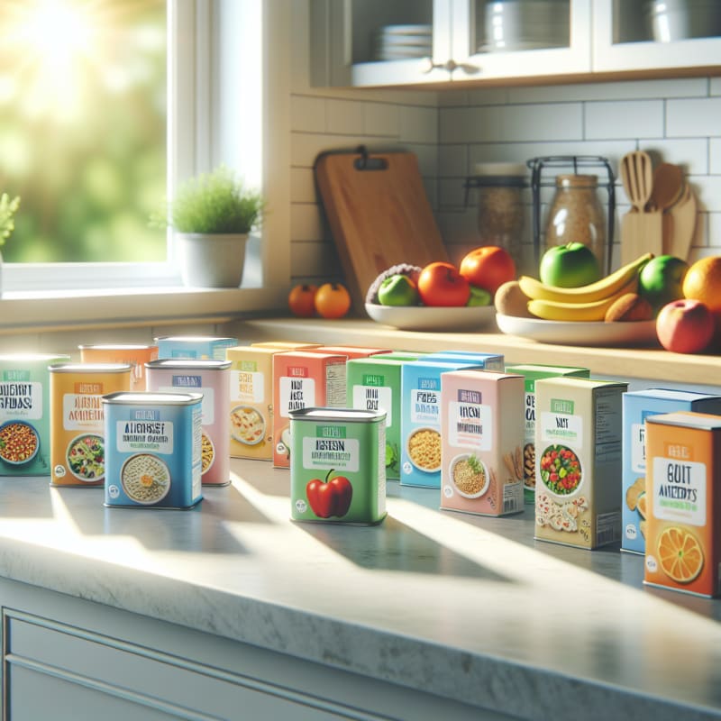 Bright kitchen countertop with neatly arranged allergy-safe packaged foods colorful ingredient labels visible fresh fruits and vegetables in natural light modern feel hopeful vibe