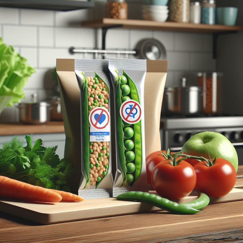 Bright kitchen countertop with pea pods split open next to food packaging with clear allergy labels fresh produce and vibrant green accents hope and safety