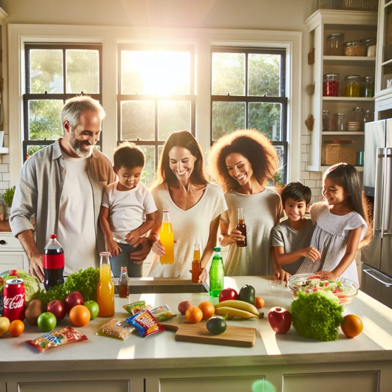 A bright cheerful kitchen with smiling diverse family members examining soda bottles and food labels healthy snacks on the counter sunlight streaming in
