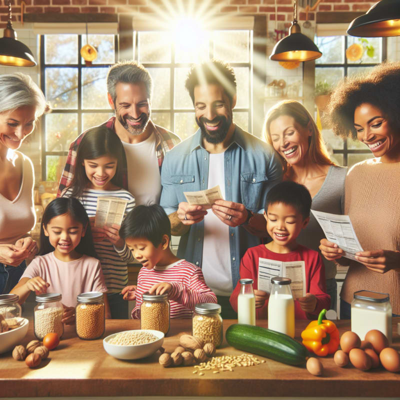 A bright cheerful kitchen scene with diverse family members reading food ingredient labels smiling and organizing allergy-safe groceries with pine nuts and goat’s milk on the counter sunlight streaming in through large windows hopeful and vibrant atmosphere