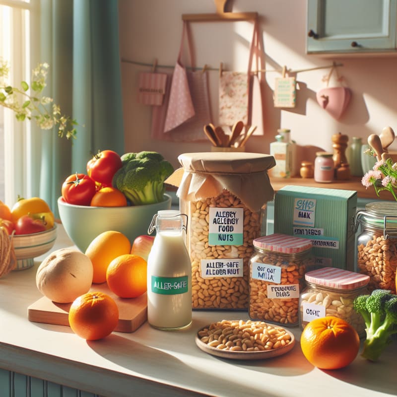 Bright kitchen countertop filled with allergy-safe labeled food packages fresh pine nuts in a glass jar goats milk in a clear bottle vibrant fruits and vegetables nearby sunny natural light soft pastel colors hopeful atmosphere no people