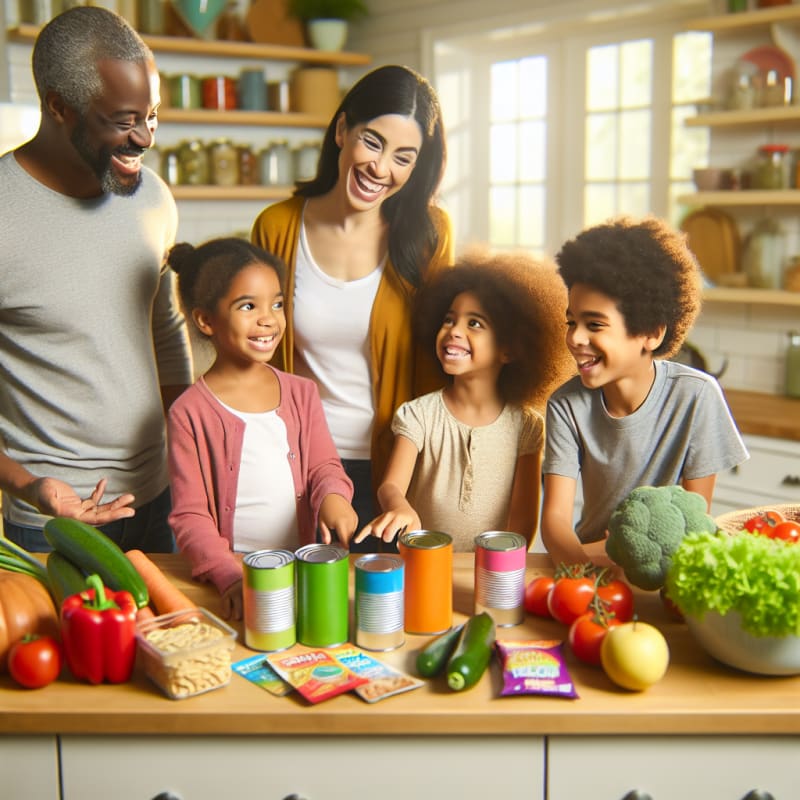 A cheerful kitchen scene with a bright countertop filled with colorful Pringles cans fresh vegetables and allergy-safe snack labels a diverse family smiling and discussing food choices soft natural lighting hopeful and welcoming mood