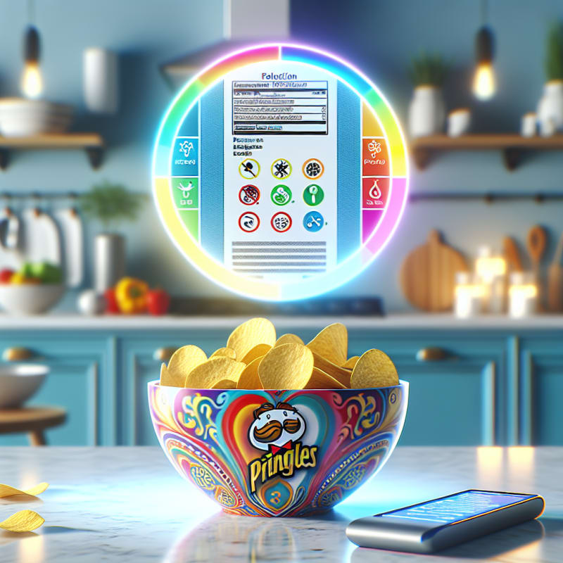 A vibrant bowl of Pringles chips on a spotless kitchen countertop surrounded by colorful food safety icons allergy-friendly packaging and digital label scanner glowing softly