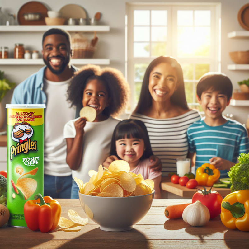 A bright kitchen countertop with a bowl of Pringles potato chips surrounded by colorful fresh vegetables and allergy-safe food labels smiling parents and kids enjoying snacks sunlight streaming in for a hopeful warm vibe