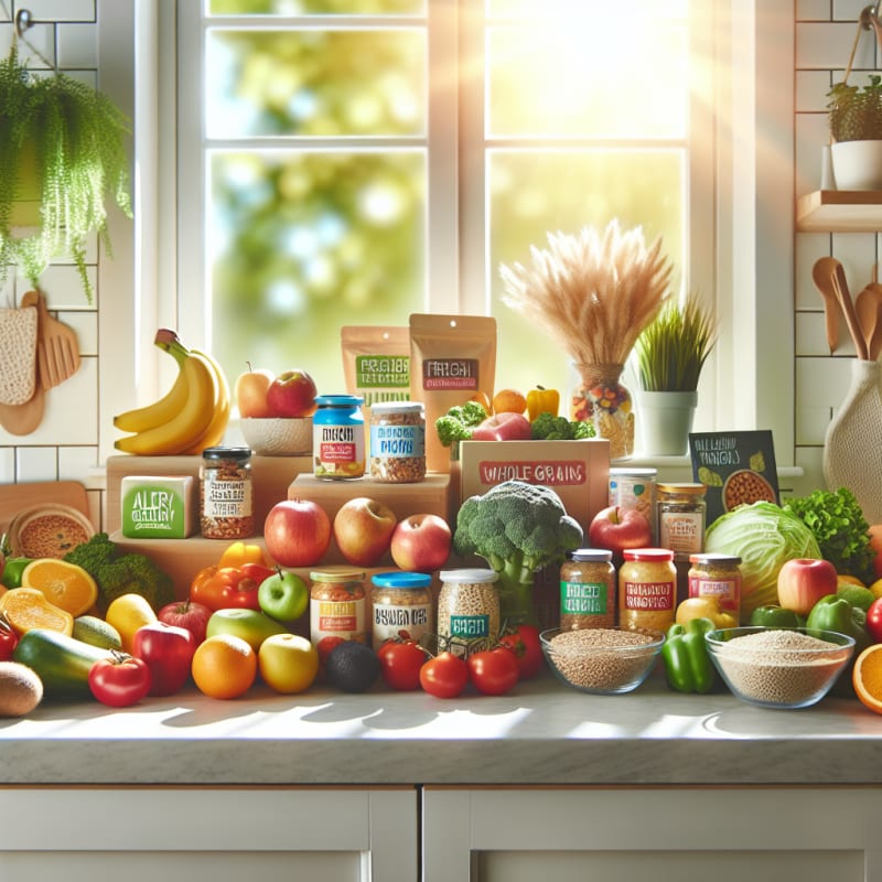 A vibrant kitchen counter with fresh fruits vegetables whole grains and allergy-friendly packaged foods arranged neatly glowing natural light food labels visible clean bright background