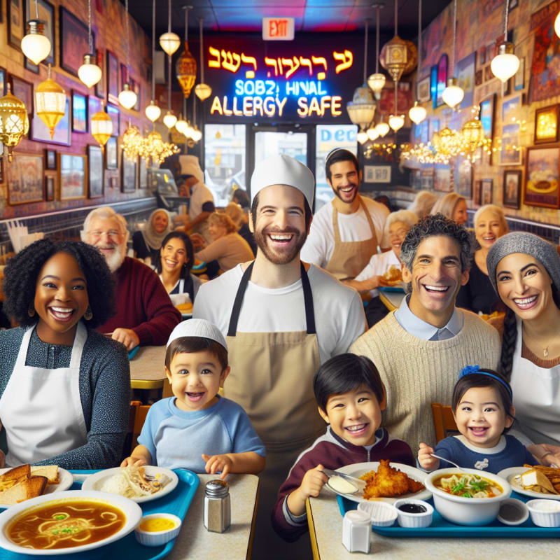 Bright bustling kosher deli interior with friendly staff serving colorful allergy-safe meals to diverse smiling families warm lighting Jewish cultural elements happy community atmosphere