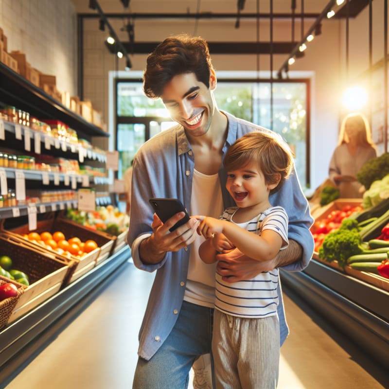 A bright modern kitchen countertop with colorful fresh produce packaged foods a smartphone scanning a barcode on a food label clear food packaging allergy alert icons soft natural lighting hopeful mood