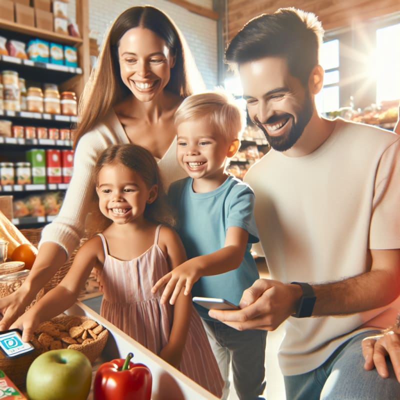 Bright modern kitchen counter with colorful fresh produce food packaging featuring clear ingredient labels and a digital food scanner device next to gluten-free symbols soft natural lighting