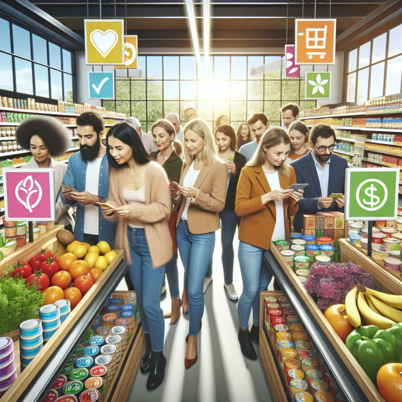 A bright modern grocery store with diverse shoppers examining colorful food labels closeup friendly faces natural lighting positive atmosphere clear allergy icons on packaging