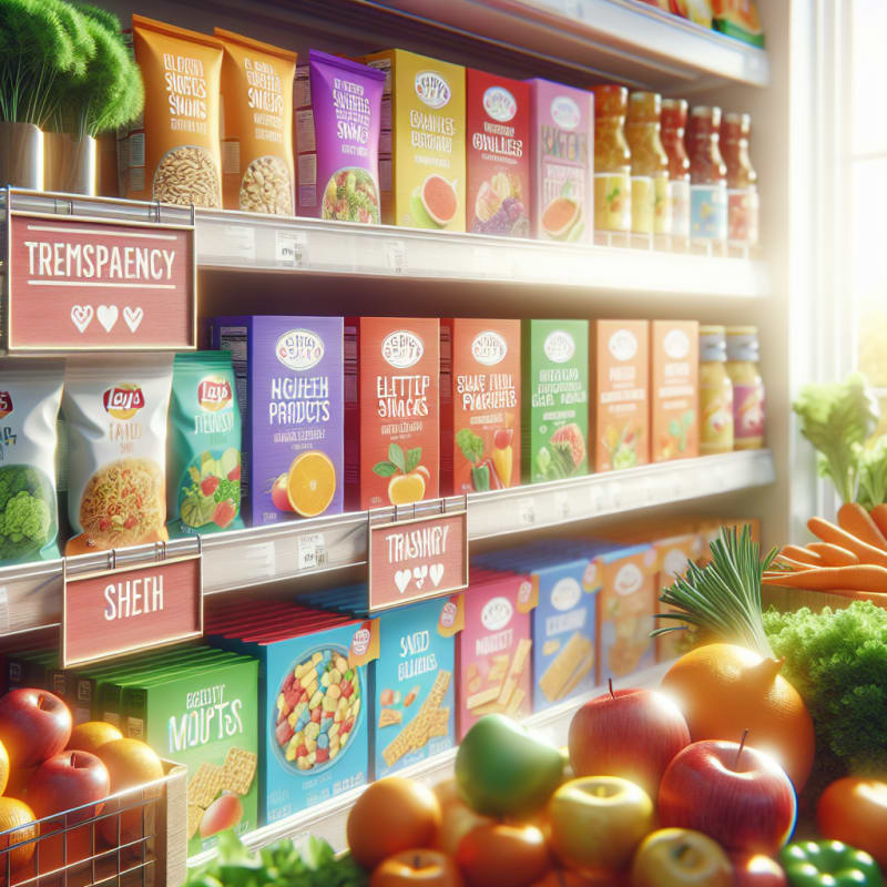 Bright grocery shelf filled with colorful packaged foods clearly displaying ingredient labels fresh produce and allergy-safe snack packaging sunlight streaming in optimistic atmosphere