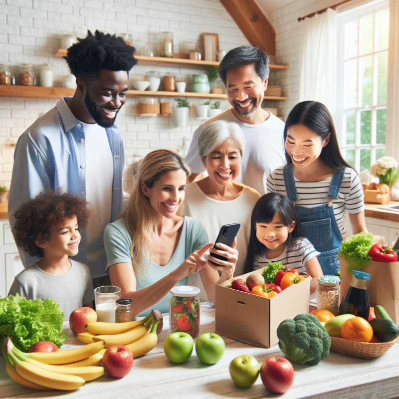 A cheerful diverse family at a kitchen table using a smartphone to scan a food package surrounded by fresh colorful groceries with clear natural lighting and a bright welcoming atmosphere
