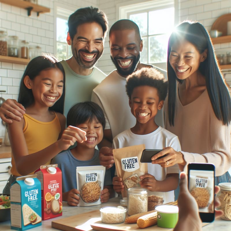 A cheerful family in a bright kitchen using a sleek smartphone to scan packaged food smiling and displaying gluten-free ingredients with soft natural sunlight
