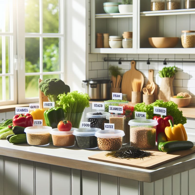 Bright modern kitchen countertop with colorful fresh vegetables whole grains seaweed and legumes arranged neatly with food labels and eco-friendly kitchen containers sunlight streaming through window clean safe allergy-conscious atmosphere