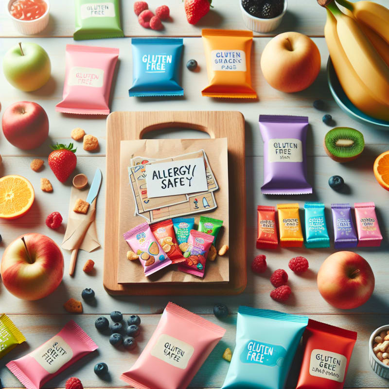 A bright flat lay of colorful gluten-free snack packages and fresh fruits on a light wooden table with handwritten food safety notes and allergy-safe labels visible soft natural lighting cheerful atmosphere