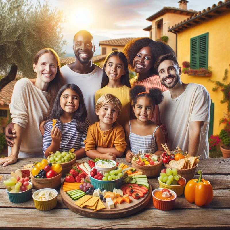Bright vegan snacks arranged on a rustic Italian table surrounded by allergy-safe labels friendly families smiling vibrant Mediterranean scenery natural light