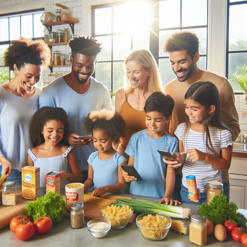 bright kitchen scene with cheerful diverse family checking frozen pasta food labels using a mobile allergy scanning app sunlight streaming through window healthy ingredients visible smiling faces emphasizing safety