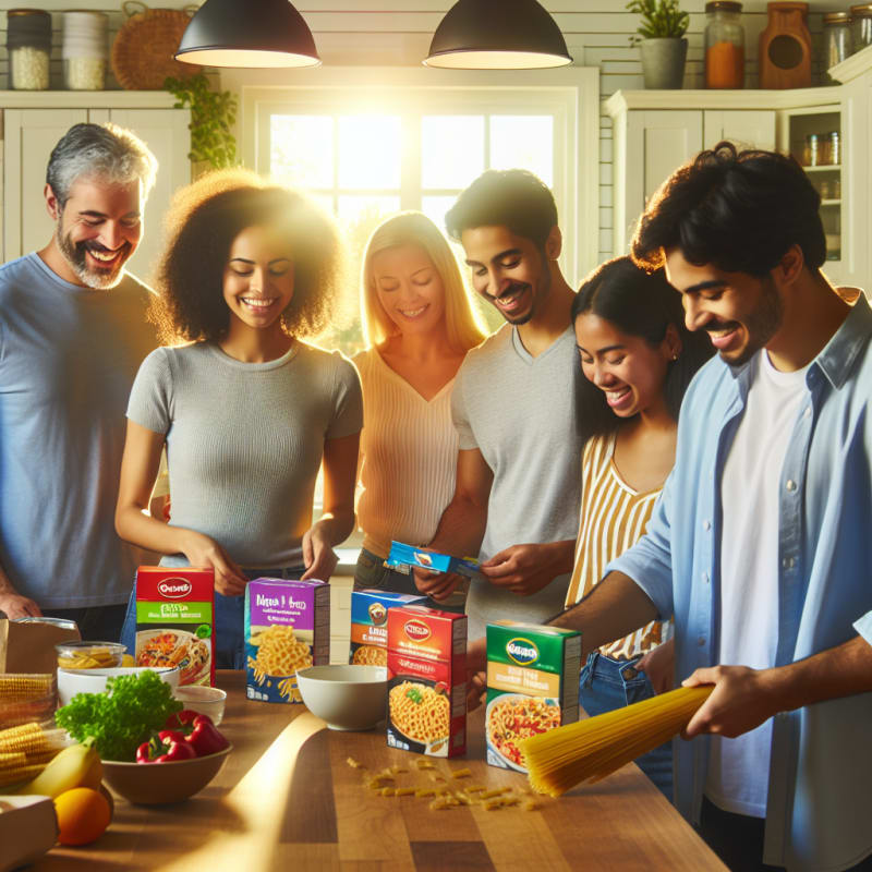 Bright kitchen scene with a smiling diverse family checking frozen pasta packaging together sunlight streaming in colorful food labels visible on products hopeful atmosphere allergy awareness highlighted