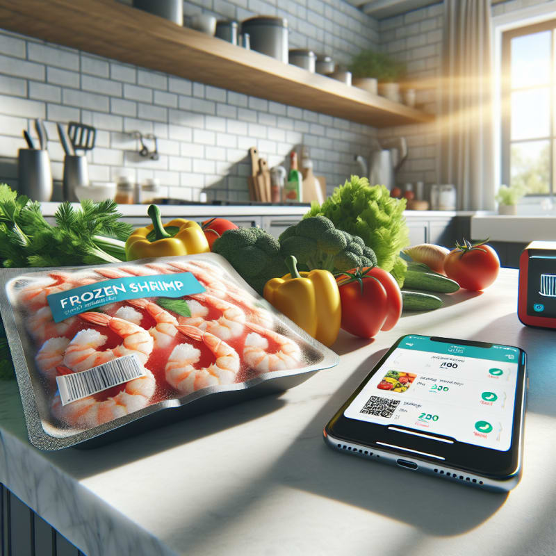 Bright modern kitchen countertop with colorful frozen shrimp packaging next to fresh vegetables digital food scanner smartphone and allergy-friendly grocery list sunlight streaming through window hopeful atmosphere
