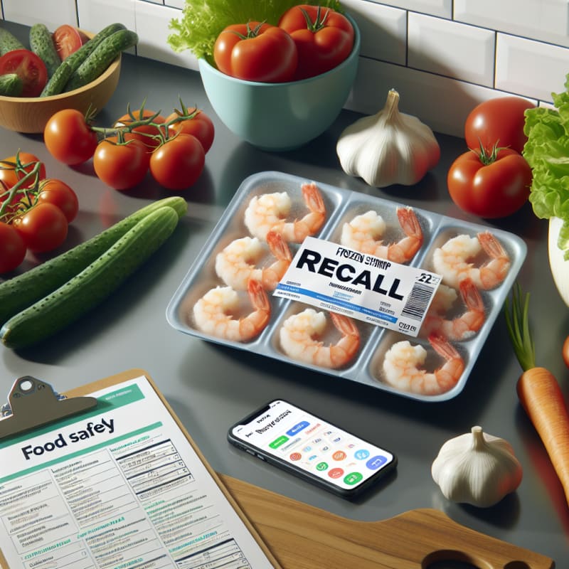 A bright kitchen countertop with frozen shrimp packaging labeled recall surrounded by fresh vegetables food safety checklists allergy-safe labels and mobile phone scanning food ingredients