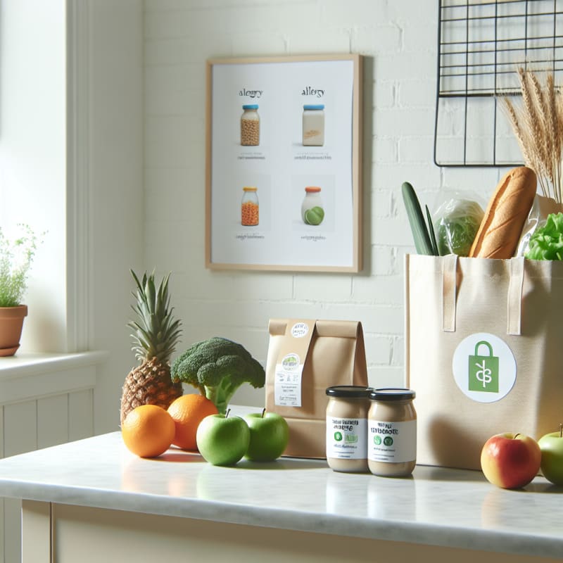 Bright kitchen countertop with allergy-safe packaged foods clear ingredient labels fresh fruits and vegetables minimalistic eco-friendly grocery bag light natural colors