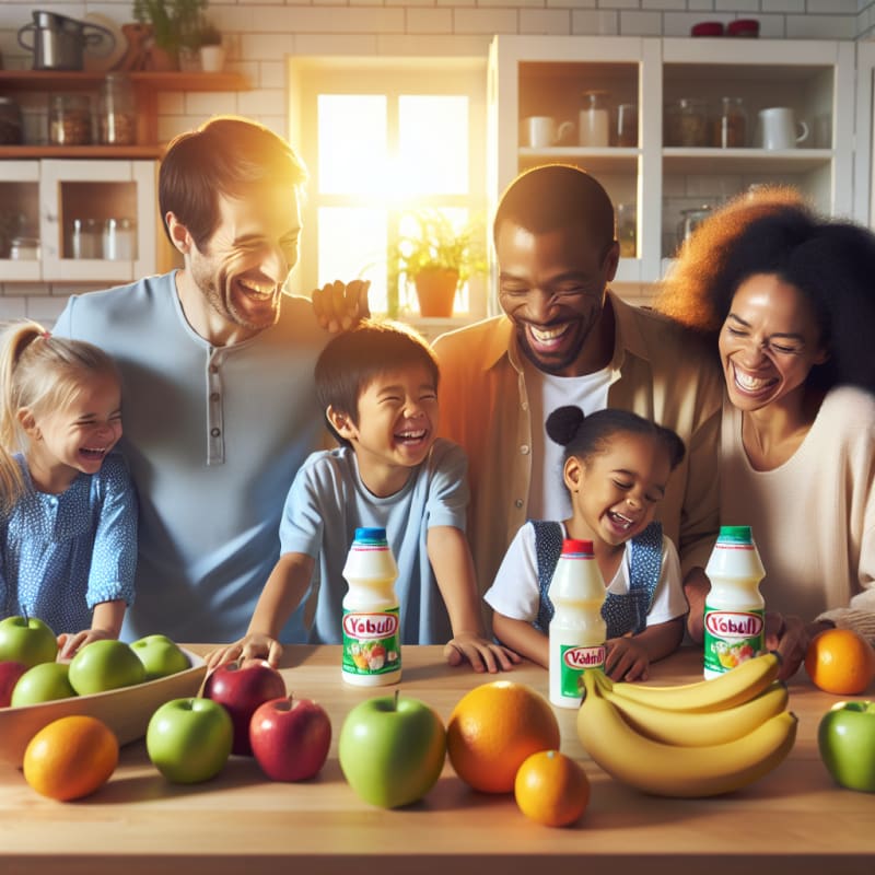 A cheerful kitchen scene with Yakult bottles on a bright countertop surrounded by fresh fruits and a smiling diverse family reading food labels together sunlight streaming in
