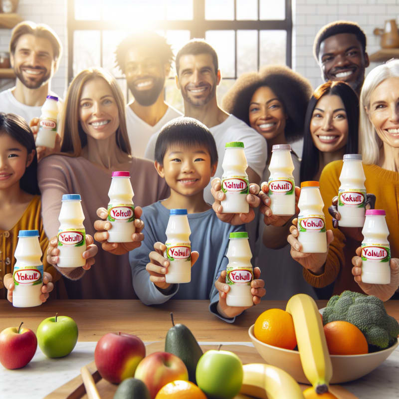 Bright kitchen with Yakult bottles on a clean counter diverse family smiling examining ingredient labels sunlight streaming modern grocery bags allergy-safe icons