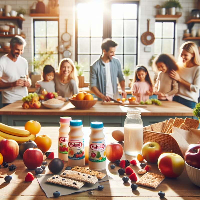 A bright cheerful kitchen scene with a closeup of Yakult bottles on a wooden table surrounded by fresh fruits and allergen free snacks sunlight streaming in happy diverse family in background checking food labels