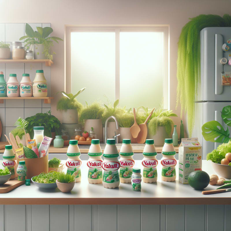 Bright kitchen scene with Yakult bottles on a clean countertop surrounded by leafy green plants grocery items with prominent ingredient labels soft daylight pastel colors hopeful atmosphere