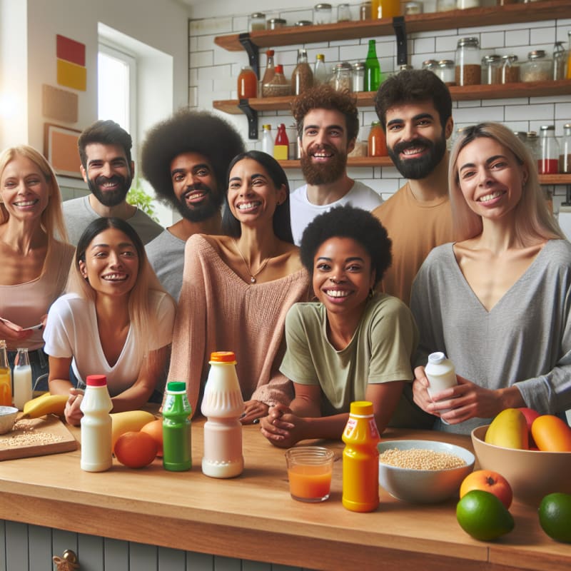 A cheerful modern kitchen with a diverse group of friends reading food labels bottles of Yakult on the counter bright colors natural daylight everyone smiling and discussing allergy information in a warm supportive atmosphere