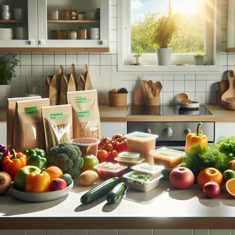 Bright kitchen countertop filled with colorful fresh vegetables fruits whole grains and fermented foods arranged neatly with eco-friendly packaging and allergy-safe labels vibrant sunlight streaming in highlighting food safety and freshness