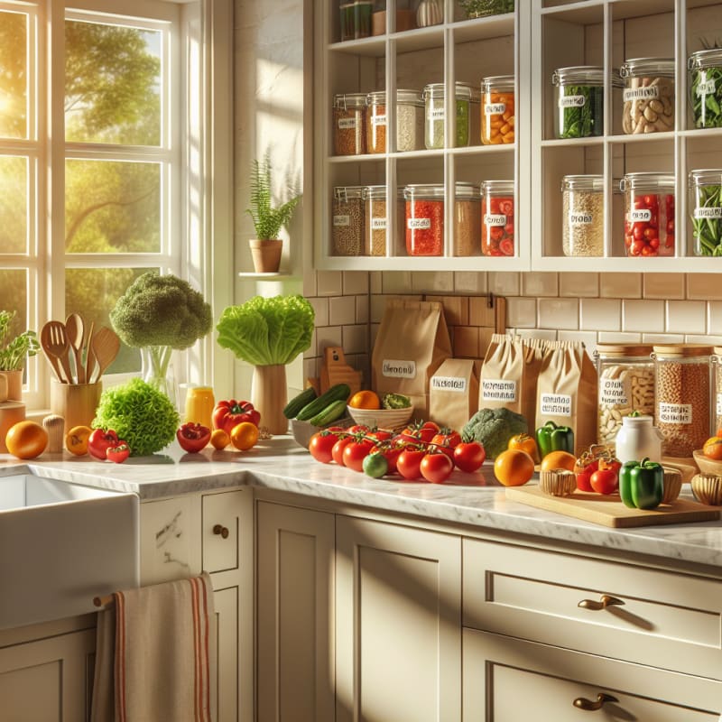 Bright sunlit kitchen filled with colorful fresh produce allergy-friendly packaged foods clear food labels and eco-friendly storage containers on marble countertop