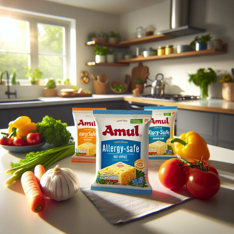 Bright kitchen countertop with Amul cheese packs next to fresh vegetables and allergy-safe labels soft natural lighting colorful packaging clear ingredient list visible
