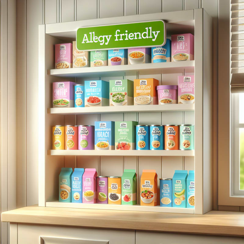 Bright kitchen shelf with colorful allergy-friendly packaged foods soft natural lighting cheerful safe and welcoming atmosphere clear labels prominent product placement