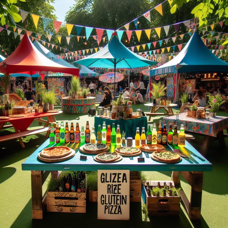 A vibrant outdoor festival scene with colorful tents tables displaying gluten free pizza and beer surrounded by fresh greenery sunlight sparkling on glass bottles plates with pizza slices and allergy friendly food labels bright festive banners in the background