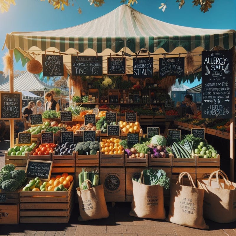 A sunlit Australian farmers market booth filled with vibrant organic produce fresh fruits and vegetables neatly arranged reusable eco bags rustic chalkboard signs highlighting allergy safe options soft green and yellow color palette