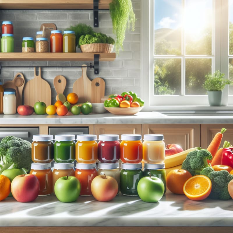 Bright kitchen countertop with colorful baby food jars healthy fresh fruits vegetables allergy-safe labels on packaging sunlight streaming through window modern eco-friendly kitchen