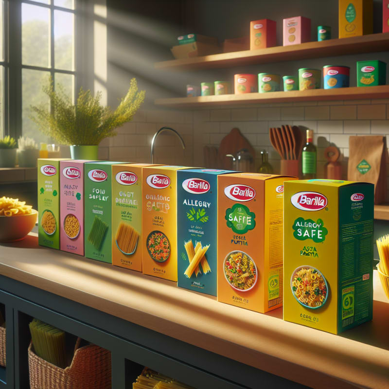 Bright kitchen countertop with colorful Barilla pasta boxes surrounded by clear food labels green allergy-safe icons and eco-friendly packaging sunlit background