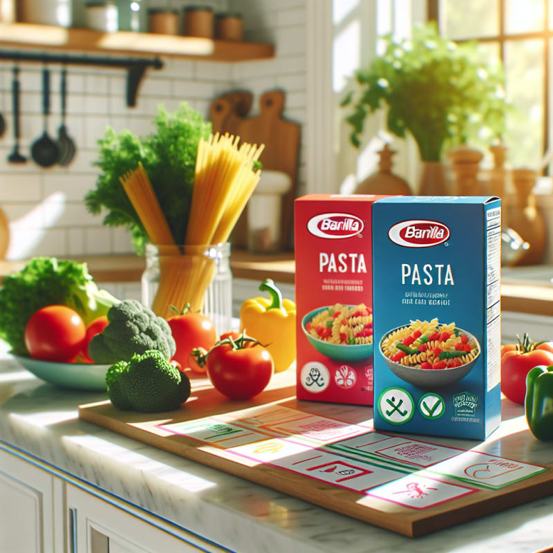 Bright kitchen countertop with colorful Barilla pasta boxes next to clear ingredient labels fresh vegetables and allergy-safe symbols sunlit background