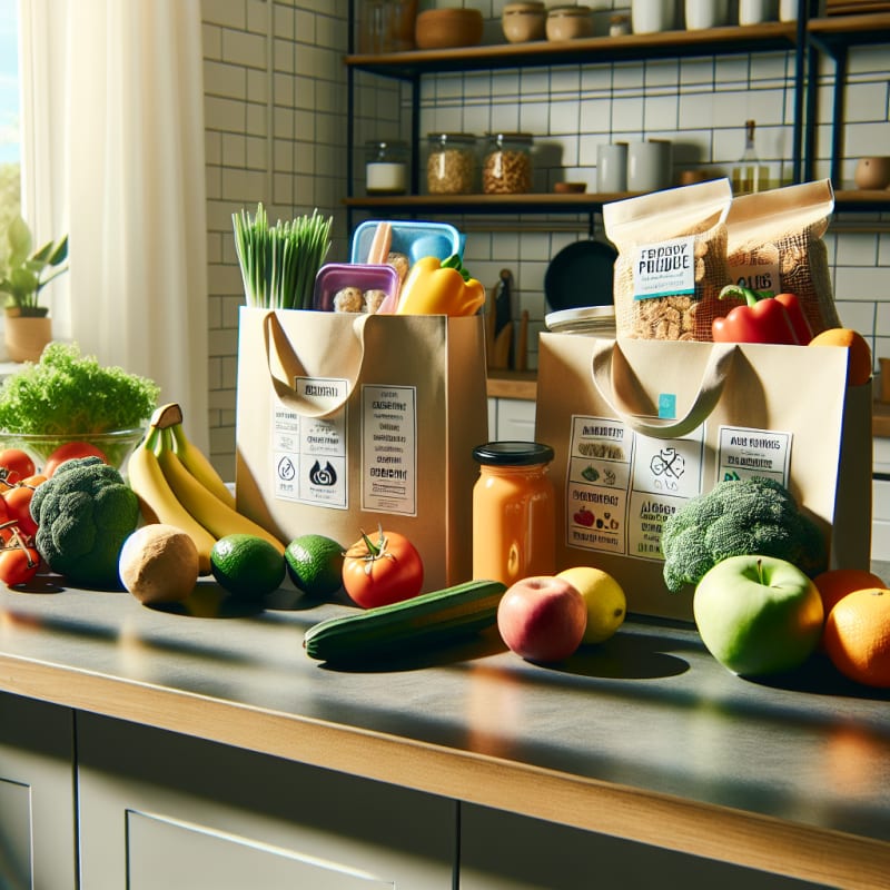 A vibrant kitchen countertop with fresh produce allergy-safe packaged foods clear ingredient labels and modern eco-friendly grocery bags in natural light