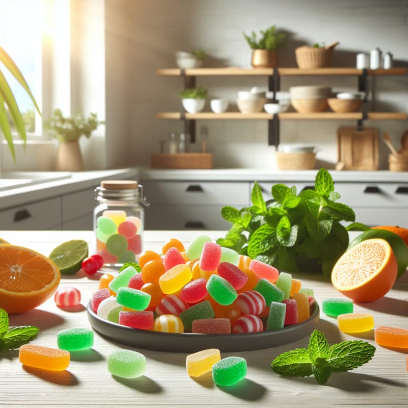Bright colorful assortment of sugar-free hard candies on a light wooden table surrounded by fresh mint leaves citrus slices and a clean modern kitchen background sunlight streaming in for a fresh and hopeful vibe