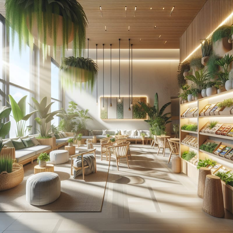 Bright modern vegan hotel lobby filled with lush green plants cozy eco-friendly decor sunlit windows organic snacks neatly displayed on minimalist shelves inviting atmosphere