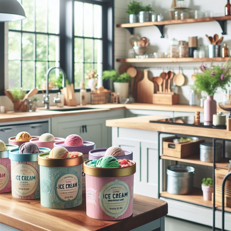 A cheerful kitchen setting with colorful ice cream tubs on a bright counter clear ingredient labels nearby soft pastel color palette natural daylight