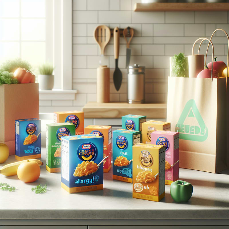 A bright kitchen countertop with various boxed mac and cheese packages displayed beside colorful allergy-safe ingredient labels scattered near recyclable grocery bags soft daylight healthy food choices